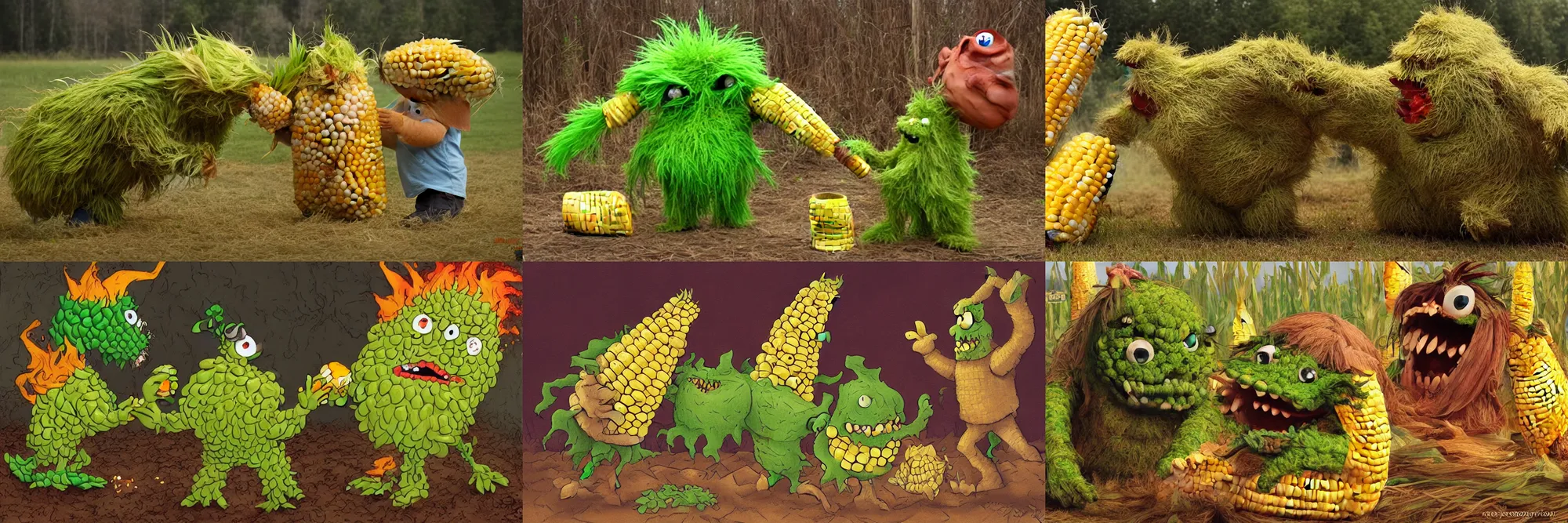 Prompt: corn-monster vs potatoe-monster fight