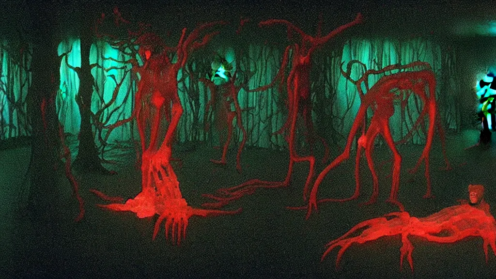 Image similar to the creature in the basement, made of glowing wax! and bone and blood, bioluminescence, surrounded by animals, film still from the movie directed by denis villeneuve and david cronenberg with art direction by salvador dali and zdzisław beksinski, wide lens