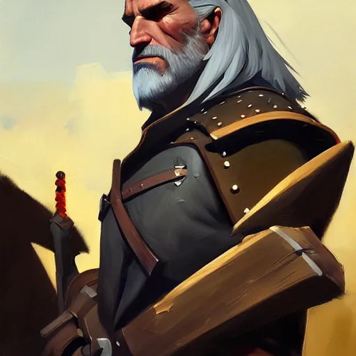 Image similar to Greg Manchess portrait painting of Geralt of Riva as Overwatch character, medium shot, asymmetrical, profile picture, Organic Painting, sunny day, Matte Painting, bold shapes, hard edges, street art, trending on artstation, by Huang Guangjian and Gil Elvgren and Sachin Teng