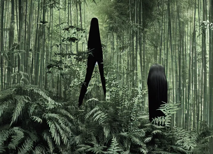 Prompt: a female model with long black hair, emerging from a dense misty forest of fern plants and bamboo wearing camouflage by yohji yamamoto, in the style of daido moriyama, double exposure, camera obscura
