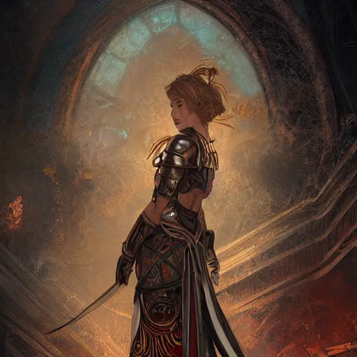 Image similar to portrait knights of Zodiac girl, metallic black and reddish color reflected armor, in ruined Agora of Athens, ssci-fi, fantasy, intricate, very very beautiful, elegant, golden light, highly detailed, digital painting, artstation, concept art, smooth, sharp focus, illustration, art by tian zi and WLOP and alphonse mucha