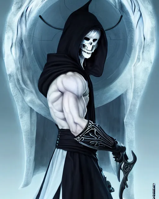 Image similar to standing Nordic demigod White-long-hair, large hooded black mantle, skull trinket on waist, muscular elegant. Shiny silver Scythe on his back. Perfect face, fine details. by Ilya Kuvshinov katsuhiro otomo ghost-in-the-shell, magali villeneuve, artgerm, rutkowski, WLOP Jeremy Lipkin and Giuseppe Dangelico Pino and Michael Garmash and Rob Rey