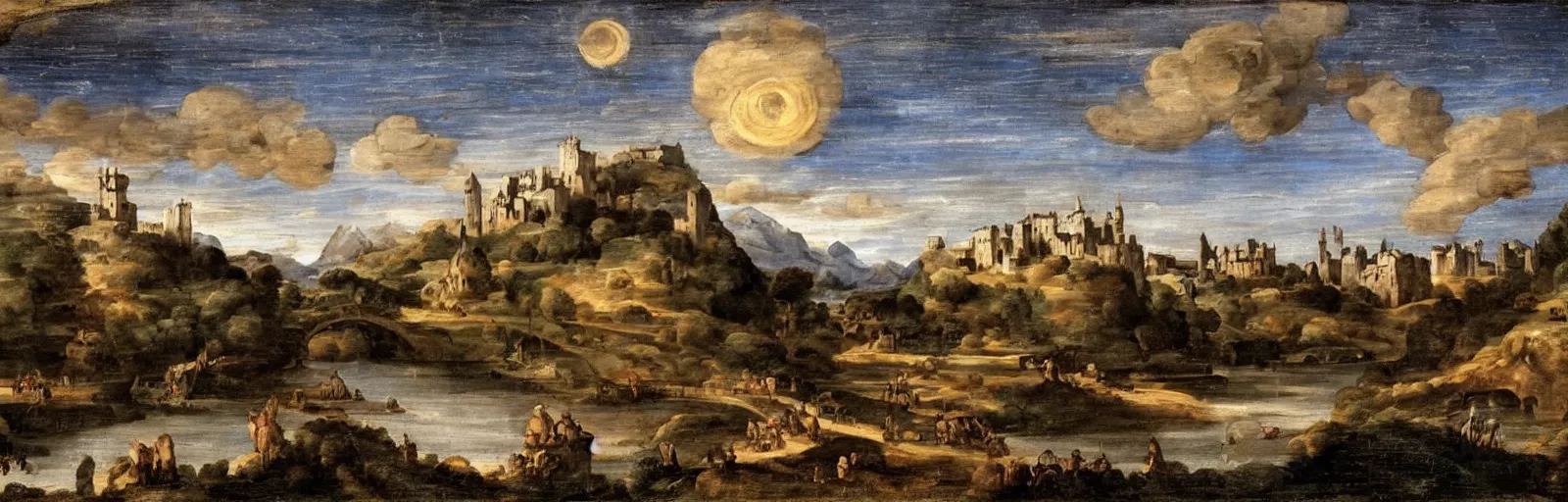 Prompt: landscape painting of multiple large interconnected castles,moat,bridge,mountains,oil canvas,night sky,by Paul Bril and Annibale Carracci,masterpiece,high quality,pretty,fantasy,impossible