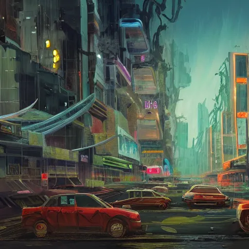 Prompt: sci-fi epic concept art of dried miami city, red dust and smoke in the air, rays of light, neon billboards and dried palmtrees in the streets, mutated aligators in corners epic scene, scifi, hyperrealistic