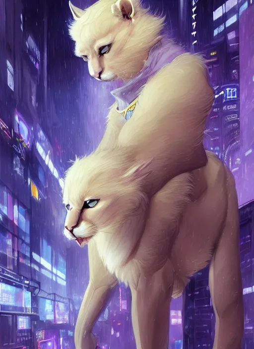 Image similar to award winning beautiful portrait commission of a male furry anthro albino mountain lion fursona with a tail and a cute beautiful attractive detailed furry face wearing stylish cyberpunk clothes in a cyberpunk city at night while it rains. Yellow and Purple. Character design by charlie bowater, ross tran, artgerm, and makoto shinkai, detailed, inked, western comic book art