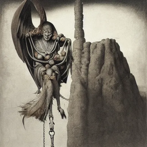 Image similar to Feathers Eyes Beak beak neck Exterior Desert Oasis ripped physique demonic vulture wearing a man costume whilst wearing chains leg irons giorgio de chirico giotto leonardo da vinci Jan Van eyck bastien lecouffe-deharme zdizlaw beksinski odd nerdrum dragan bibin john steuart curry dan witz