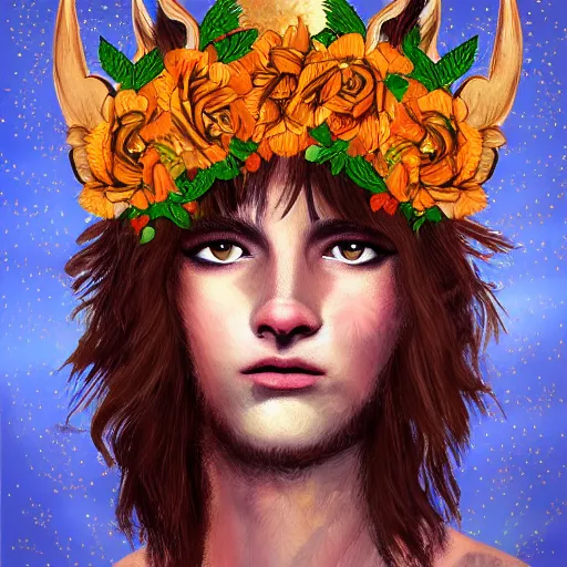 Image similar to lynx wearing a flower circle made out of roses and golden leaves on his head, a majestic crown, an expressive digital painting, high quality art