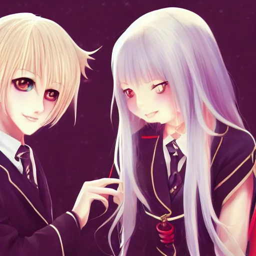 Image similar to blonde anime girl with long hair, wearing headmistress uniform, talking with snooty aloof anime man with black emo hair, sharp details, subsurface scattering, intricate details, art by artgerm, anime, anime hd wallpaper, 2 0 1 9 anime screenshot