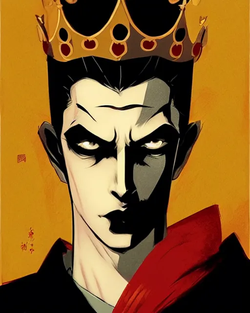 Prompt: handsome teen vampire prince with crown, symmetrical face, evil, portrait, cinematic, dramatic, powerful, super detailed and intricate, by koson ohara, by darwyn cooke, by greg rutkowski, by satoshi kon