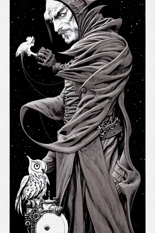 Prompt: side view of majestic steampunk alchemists cloaked wizard holding his pet owl, high details, bold line art, by vincent di fate and joe fenton, inking, etching, screen print, masterpiece, trending on artstation, sharp, high contrast, hyper - detailed,, hd, 4 k, 8 k