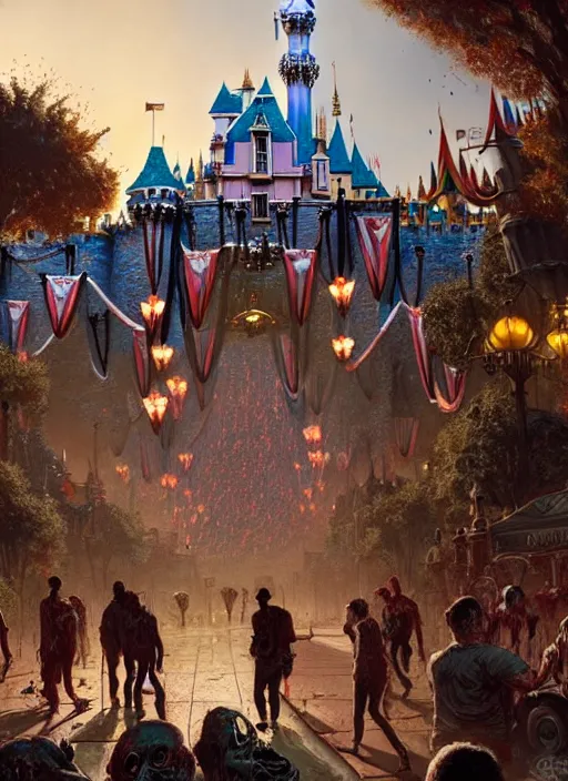 Image similar to masterpiece concept art, disneyland overun by zombies, by greg rutkowski and geof darrow, 8 k, intricate detail, cinematic lighting