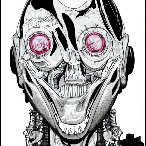 Image similar to horrific cyberpunk robot human cyborg, flesh and bones exposed, junji ito style manga drawing, highly detailed