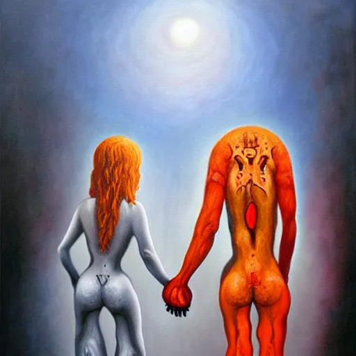 Prompt: couple walking hand in hand, in heaven and hell at the same time, surrealistic oil painting, beautiful, intricate, hell in the bottom, heaven in the top, very detailed