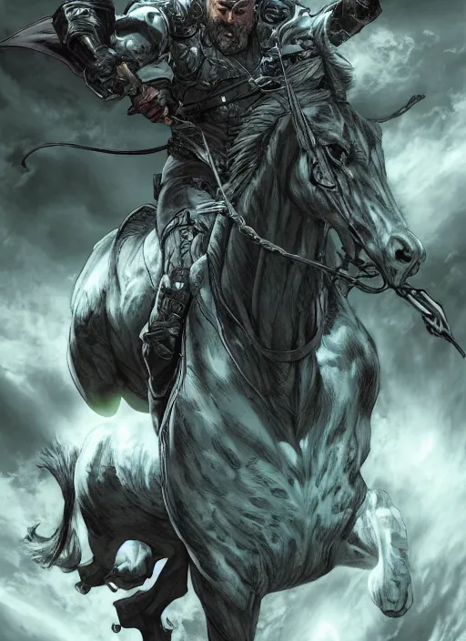 Image similar to bald grey bearded ethan van sciver riding a dark horse into battle, full view, beautiful zoomed out artwork by artgerm and rutkowski, breathtaking, beautifully lit, dramatic, full view