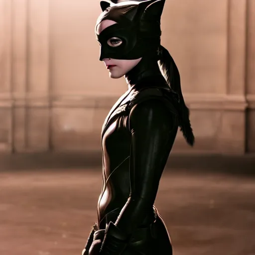 Image similar to Emma Watson as Catwoman, XF IQ4, f/1.4, ISO 200, 1/160s, UHD, Sense of Depth, Depth Layering, AI enhanced, HDR, in-frame