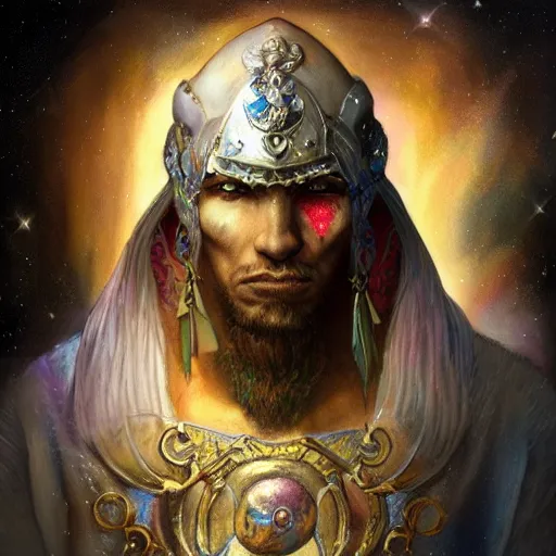 Image similar to an Artstation 3d render of Very very very very highly detailed beautiful mystic portrait of a phantom warrior with galaxy, tattoos by Anton Pieck, intricate, extremely detailed, digital painting, artstation, concept art, smooth, sharp focus, illustration, intimidating lighting, incredible art,