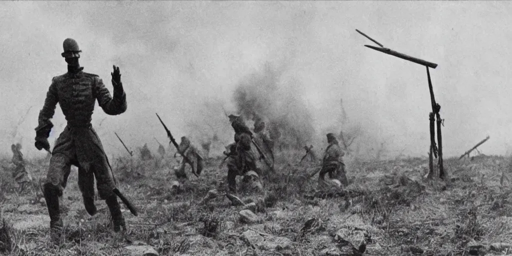 Image similar to scary unproportionable tall ghost creature in the middle of a battlefield, 1900s picture