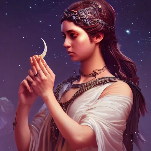 Prompt: [ artemis holding the moon in her hands ]!!, closeup!!, filling it with magical energy, digital art, tarot card, portrait!!, trending on polycount, cgsociety contest winner, digital art, 4 k, sharp, detailed, intricate, illustrated by greg rutkowski