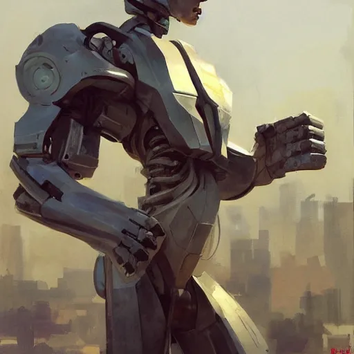 Prompt: Greg Manchess painting of a giant humanoid cyborg, medium shot, low angle, asymmetrical, scifi art, Organic Painting, sunny day, Matte Painting, bold shapes, hard edges, street art, trending on artstation, by Huang Guangjian and Gil Elvgren and Sachin Teng
