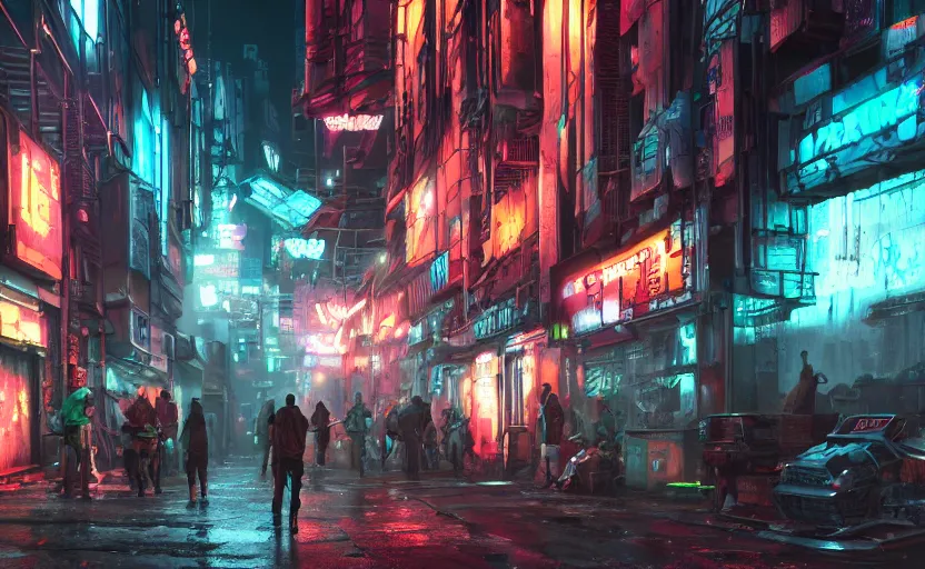 Image similar to close wide angle shot of a matte painting environment design of dystopian cyberpunk alley with neon lights, people on the streets being monitored by flying drones, trending on artstation, painted by dreadjim, eddie mendoza, james paick, ultra realistic, volumetric lighting, 4k, octane render