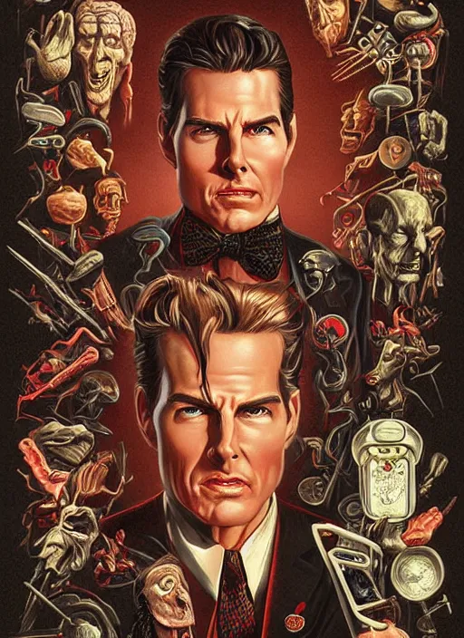 Prompt: evil beings are puppetmasters, pull the strings into the mind of tom cruise, they reach into his mind, twin peaks poster art, from scene from twin peaks, by michael whelan, artgerm, retro, nostalgic, old fashioned