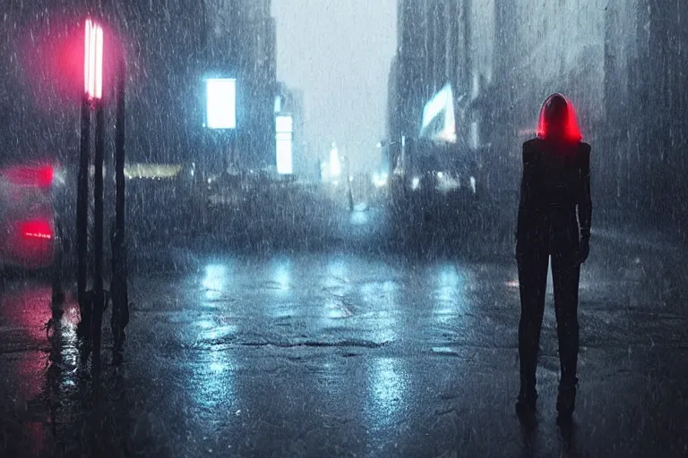 Image similar to vfx marvel sci-fi woman black super hero robot photo real, city street cinematic lighting, rain and fog by Emmanuel Lubezki