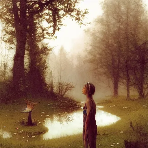 Image similar to a young deer sniffing an old yard nome standing by a pond. illustration, art by greg rutkowski and bouguereau and Zdzislaw Beksinski