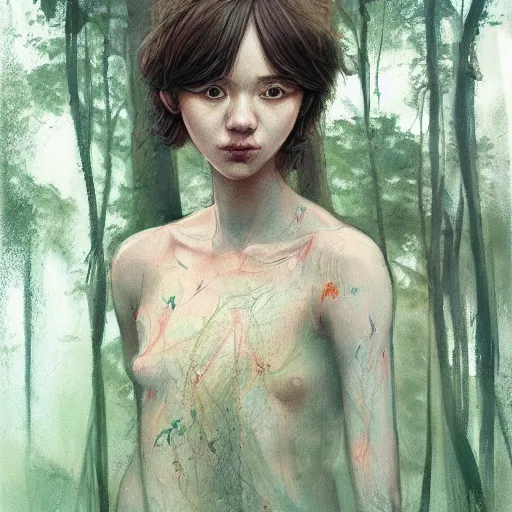 Image similar to artist james jean and sam spratt beautiful illustration of a natural women in a serene forest, high detail, artstation, natural colors, peaceful expression,
