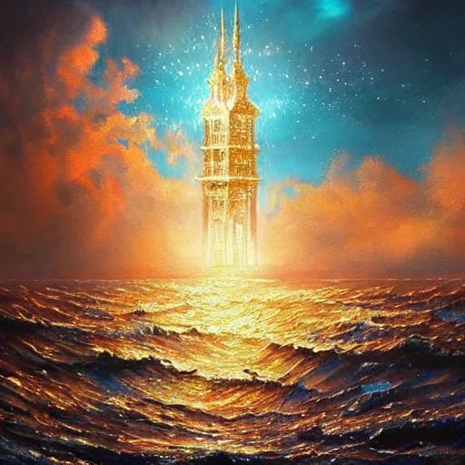 Image similar to distant view of a delicate ornate sparkling gold fantasy tower splashes upwards from a stormy ocean shimmering in the sunlight, dramatic lighting, rich colors, beautiful oil painting, artstation