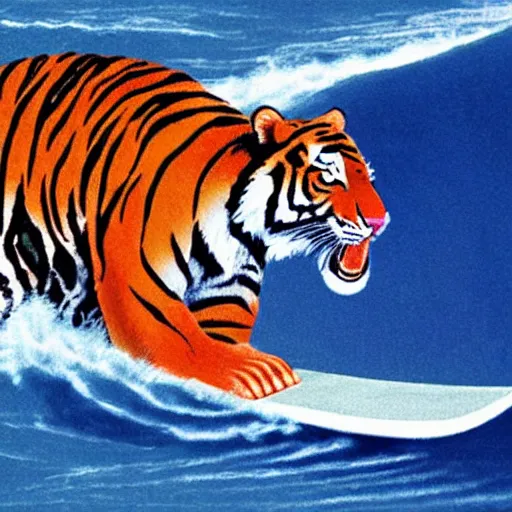 Prompt: cybernetic tiger surfing on a huge wave