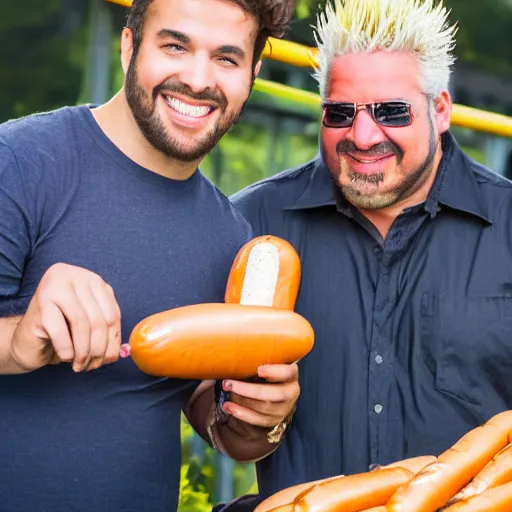 Image similar to stock image guy holding hot dog over a bridge with guy fieri