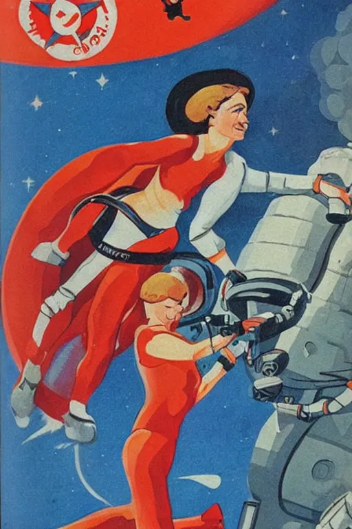 Image similar to Soviet propaganda art of a beautiful female cosmonaut fighting an alien.