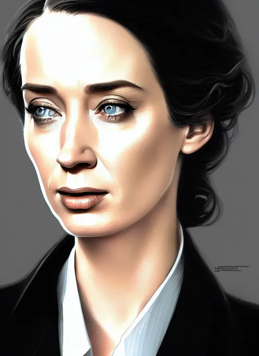 Image similar to portrait of emily blunt as business woman, black suit, white shirt, black tie, intricate, headshot, highly detailed, digital painting, artstation, concept art, sharp focus, cinematic lighting, illustration, art by artgerm and greg rutkowski, alphonse mucha, cgsociety