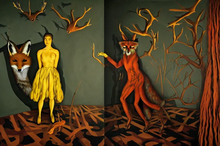 Image similar to ( ( a beautiful masterpiece painting ) a english fox hunter and a monster in a hunting lodge ( by ( remedios varo ) and ( anato finnstark ) and ( greg rutkowski ) and ( andy warhol ) and i ( francis picabia ) ) ( camouflage ) ( hyperrealism ) ( trending on artstation )