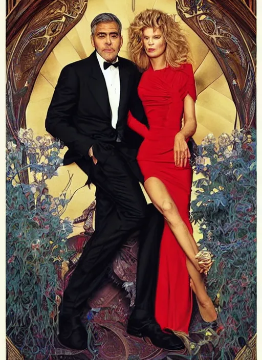 Image similar to george clooney wearing a formal black suit and kim basinger wearing a red dress, affectionate sitting together, highly detailed, focus stacked, candid portrait, art by artgerm and greg rutkowski and alphonse mucha