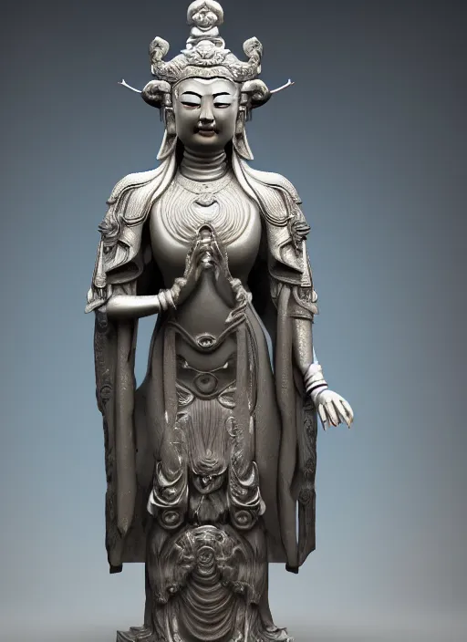 Image similar to a art deco sculpture statue of full body guanyin, intricate complexity,, statue by jane hamilton, ruan jia, character concept, radiant light,, frostbite 3 engine, cryengine, dof, trending on artstation, digital art, fantasy detailed abackground