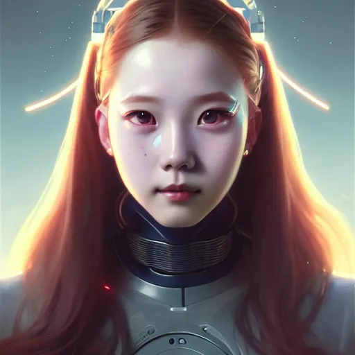 Image similar to portrait painting of a cute cyborg chuu loona kpop smiling cheerfully, ultra realistic, concept art, intricate details, eerie, highly detailed, photorealistic, octane render, 8 k, unreal engine. art by artgerm and greg rutkowski and magali villeneuve and alphonse mucha