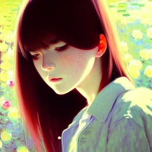 Image similar to a beautiful youth teenage depressed ocd psychotic loner girl, focus close on detesting eyes, soft skin, by ilya kuvshinov, monet, range murata, artgerm, katsuhiro otomo, norman rockwell, highly detailed intricately sharp focus, bedroom eyes trending on pinterest vogue italia 3 5 mm, 4 k uhd image