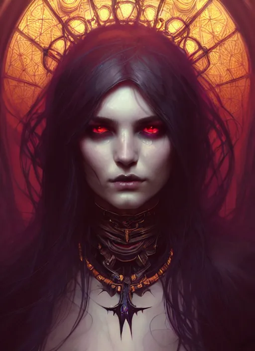 Image similar to Necromancer Sorceress, fantasy magic, undercut hairstyle, dark light night, intricate, elegant, sharp focus, illustration, highly detailed, digital painting, concept art, matte, art by WLOP and Artgerm and Greg Rutkowski and Alphonse Mucha, masterpiece