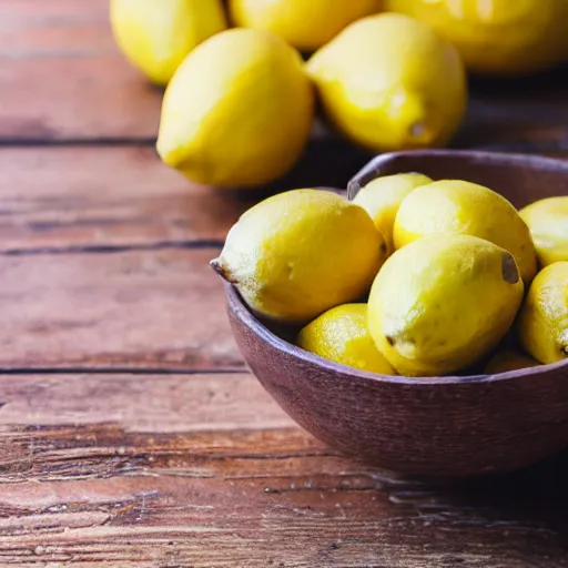 Prompt: a bowl of moldy lemons on a wooden table next to a couch, close up, dslr photo