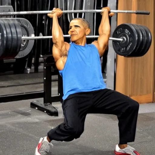 Prompt: obama lifting weights really strong