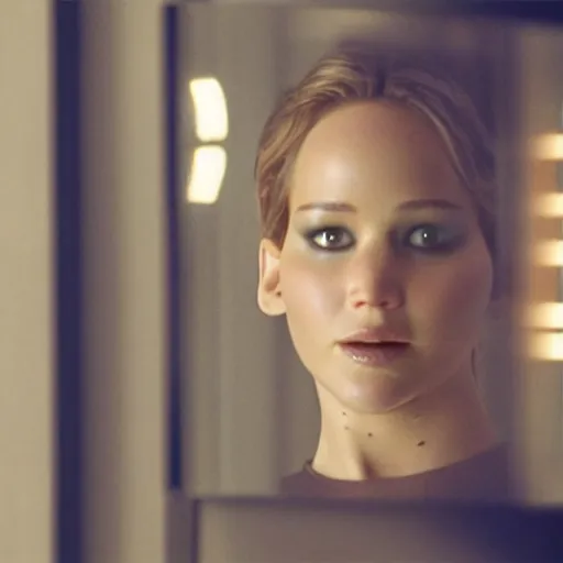 Image similar to jennifer lawrence touching mirror in matrix remake, ( eos 5 ds r, iso 1 0 0, f / 8, 1 / 1 2 5, 8 4 mm, postprocessed, crisp face, facial features )