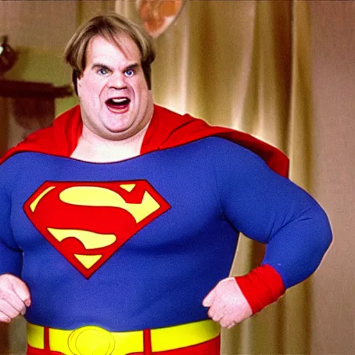 Prompt: an photo of chris farley, dressed like superman, ultra realistic, 8 k