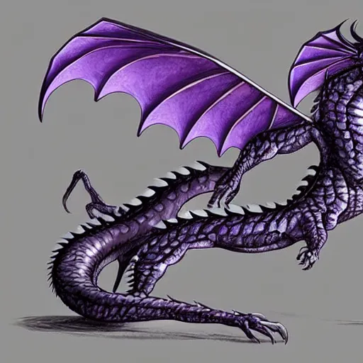 Prompt: a 128 foot tall silver western dragon with purple accents, having a 360 foot long wingspan; The scales smooth and streamlined, while jutting out at the elbows and crest and spine; with 4 limbs and 4 claws on each foot; deviantart, furaffinity