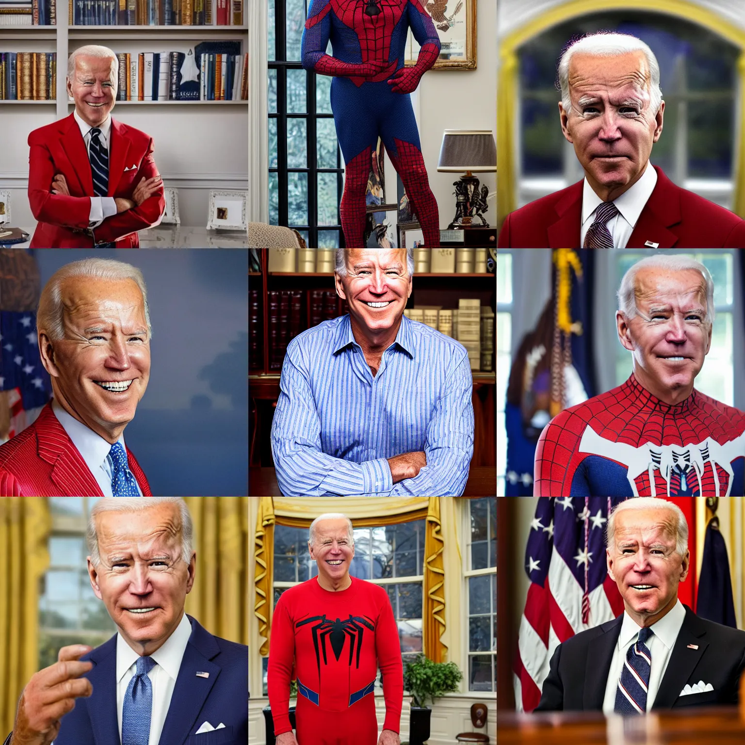 Prompt: professional head shot of joe biden wearing spiderman pajamas and standing in the oval office, very detailed, very intricate, detailed face,