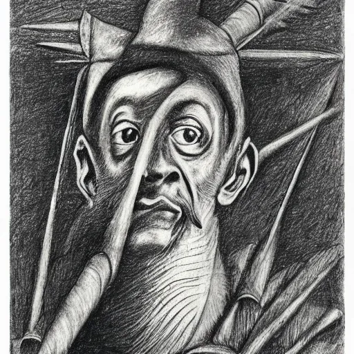 Image similar to Close-up of Don Quixote, pencil drawing. El Greco, Remedios Varo, Salvador Dali, Carl Gustav Carus, John Atkinson Grimshaw. Blue tint. Symetrical, logo, geometric shapes.