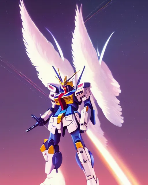 Image similar to highly detailed vfx portrait of an angelic gundam with wings of feathers beam saber fighting in space with a beam gun, unreal engine, greg rutkowski, loish, rhads, beeple, makoto shinkai and lois van baarle, ilya kuvshinov, rossdraws, tom bagshaw, alphonse mucha, global illumination, detailed and intricate environment