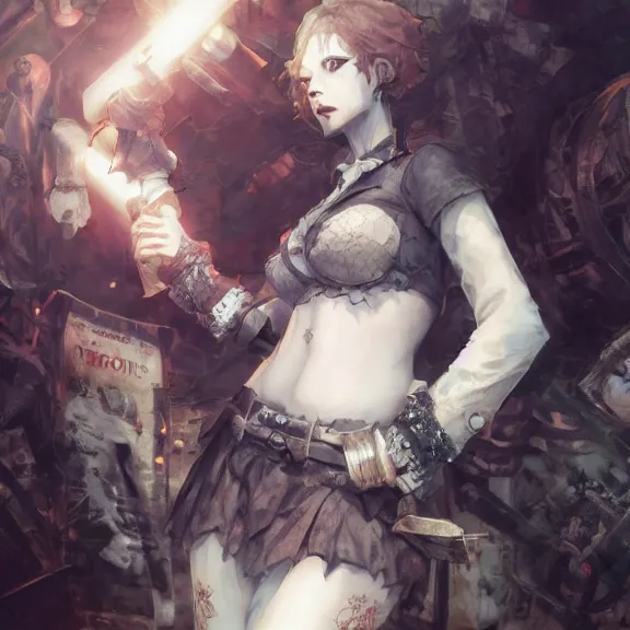 Image similar to christina hendricks!!!!! goth!!!!!, tankoban, 4 k, tone mapping, akihiko yoshida, james jean andrei riabovitchev marc simonetti, yoshitaka amano, long hair, curly, h. hydrochaeri