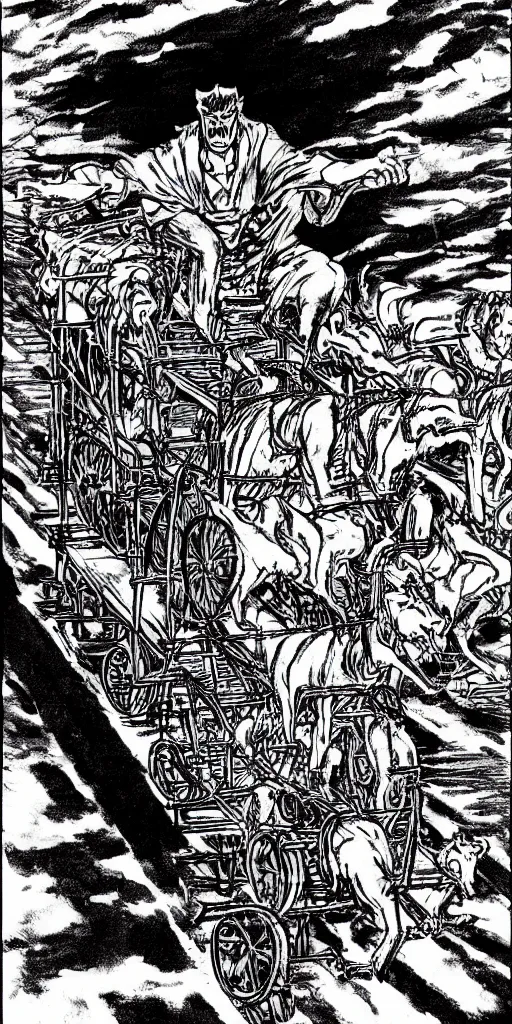 Image similar to man riding a chariot car being pulled by tigers drawn by Junji Ito.