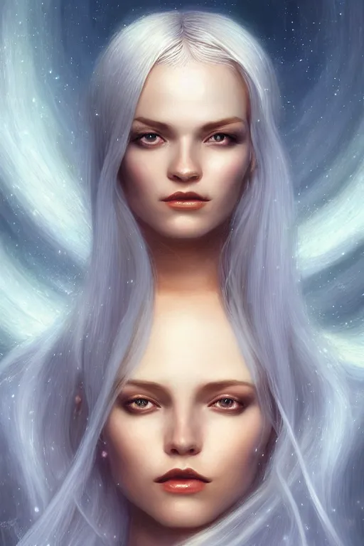 Image similar to portrait female holding crystal white hair glowing, blush, pleated skirt, flowing hair, slim face, elegant, terry moore, barclay shaw, karol bak, greg rutkowski